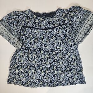 Lucky Brand Blouse Womens Medium Blue Green Floral Flade Sleeve Boho Cottagecore